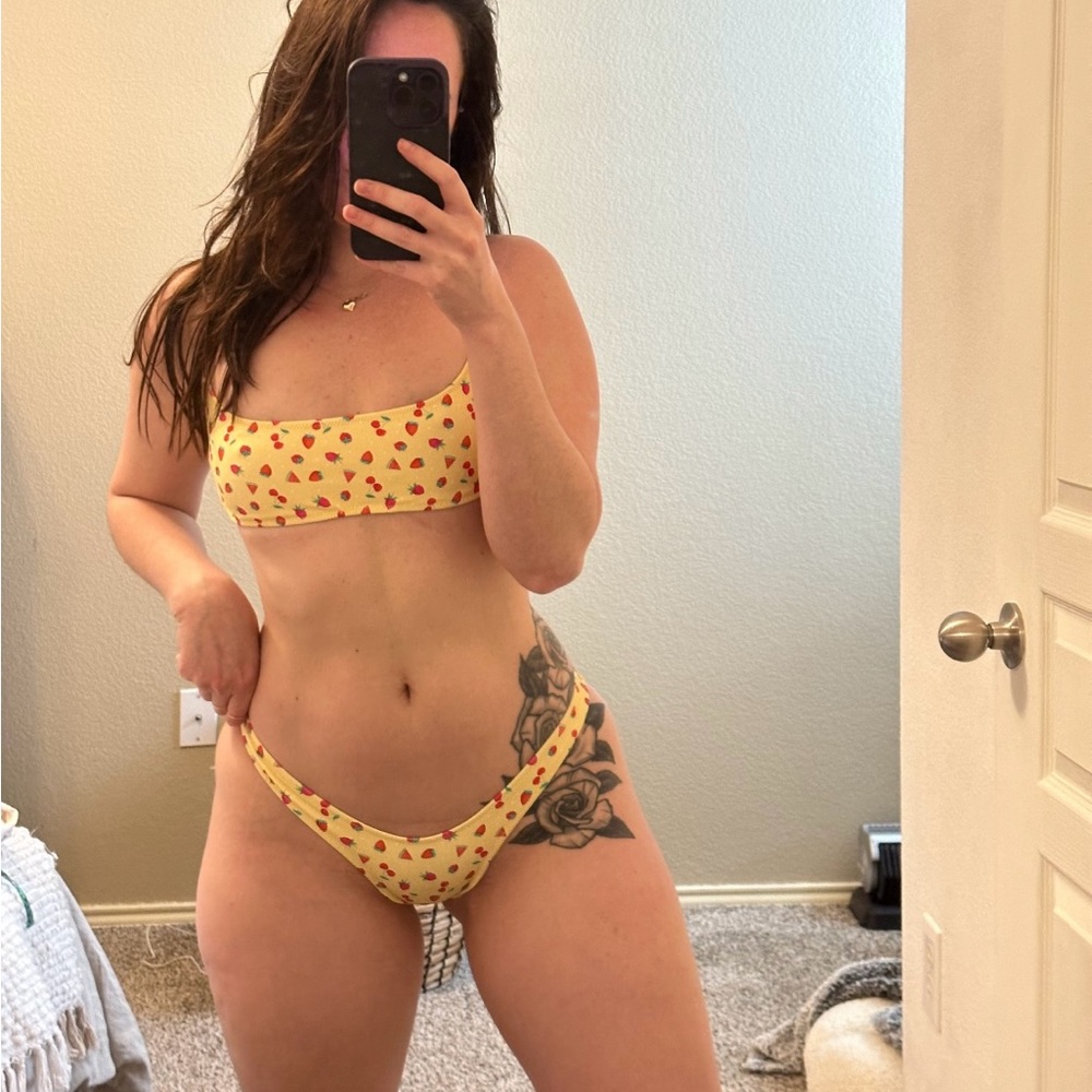 Oh Polly Neena swim two piece strawberry print yellow bikini